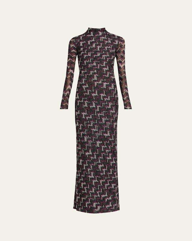 Metallic Zigzag Long-Sleeve Maxi Dress